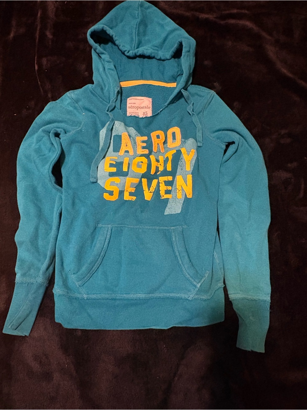 Vintage 2000s Aeropostale Teal Hooded Sweatshirt with Yellow Graphic Logo